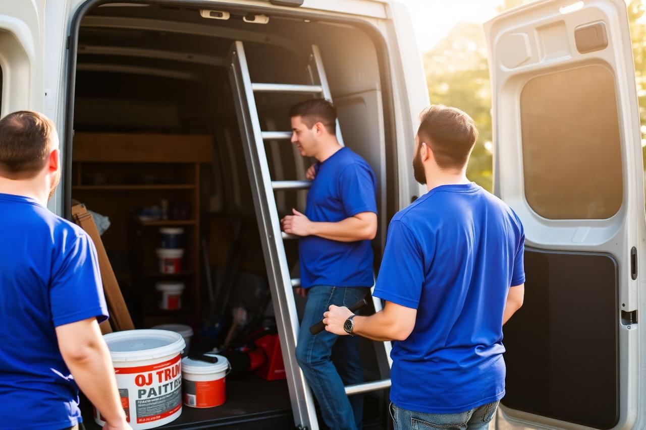 Painting crew in blue work shirts loading equipment