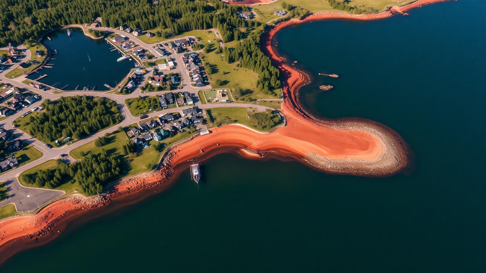 Aerial view of a Prince Edward Island coastal community